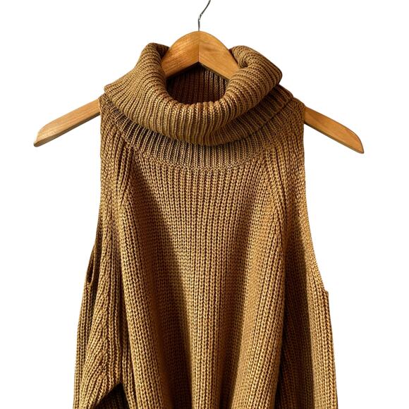 Lulus New Sweet Demeanor Turtleneck Cold-Shoulder Sweater Knit Belted Dress Tan - Picture 5 of 12